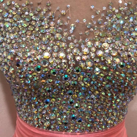 May Queen Prom Dress Size 2 Coral Pink Aurora Borealis Rhinestone Gown - Picture 3 of 9